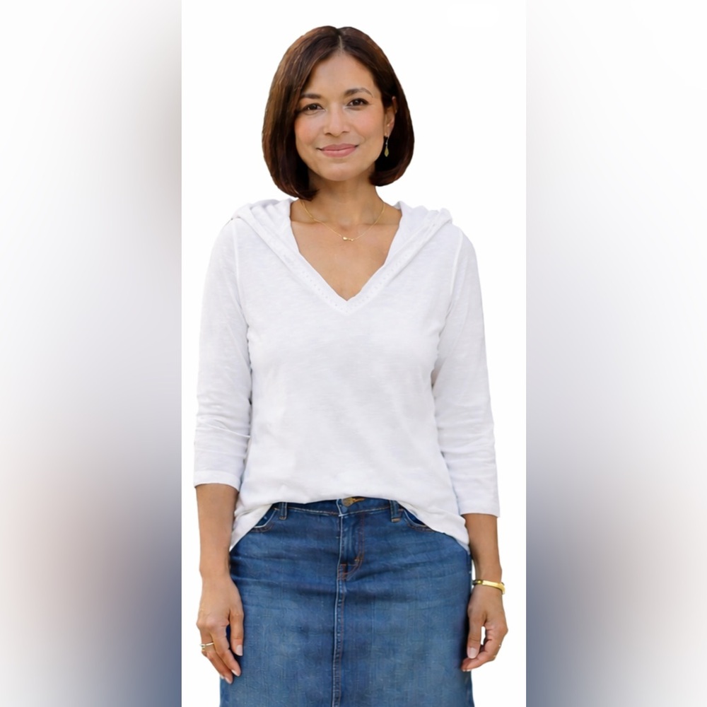 Vintage LRL White Hooded Top Casual 3/4 Sleeve 2000s Large Basic Comfy